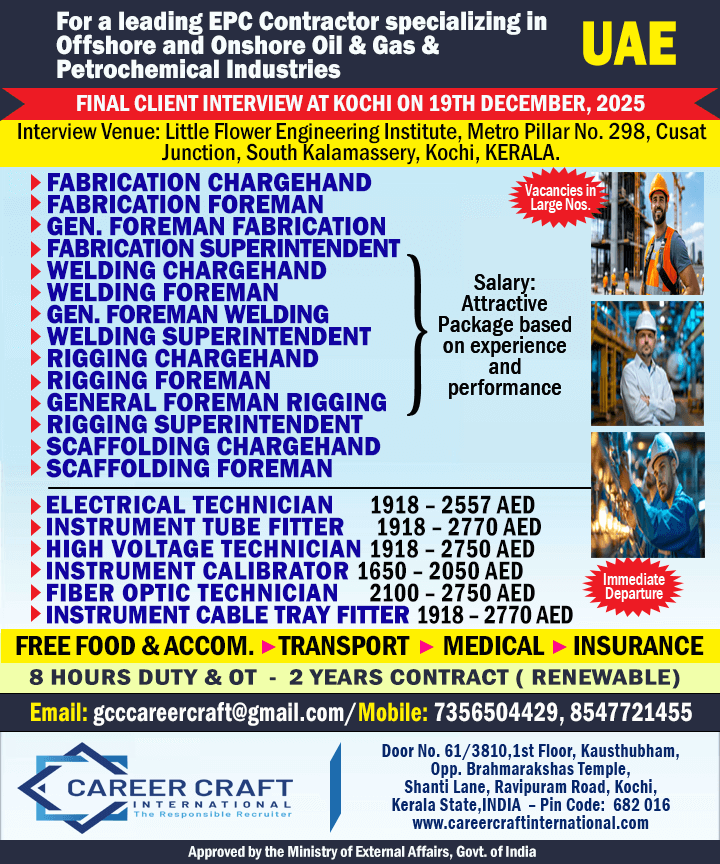 Client Interview at Kochi on 19th December, 2025 for NMDC, Abu Dhabi - Client Interview at Kochi on 19th December, 2025 for NMDC, Abu Dhabi -