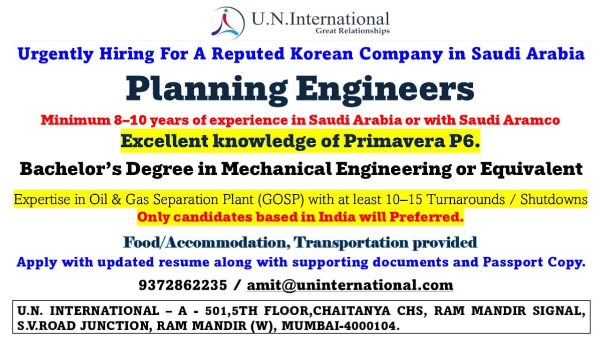 Now we recruit Planning Engineers for Shutdown Openings in Saudi Arabia Now we recruit Planning Engineers for Shutdown Openings in Saudi Arabia