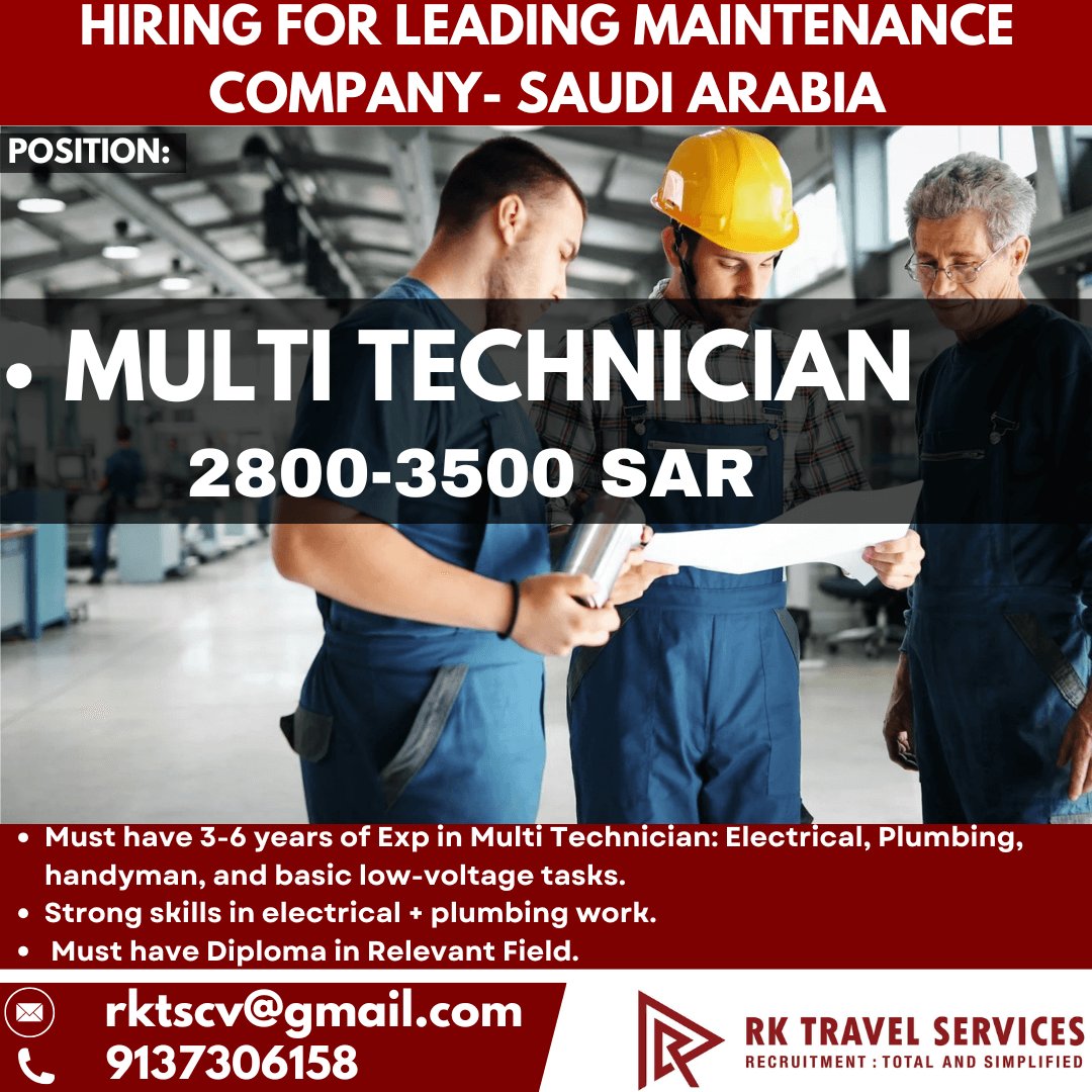 HIRING FOR LEADING Maintenance Company- SAUDI ARABIA