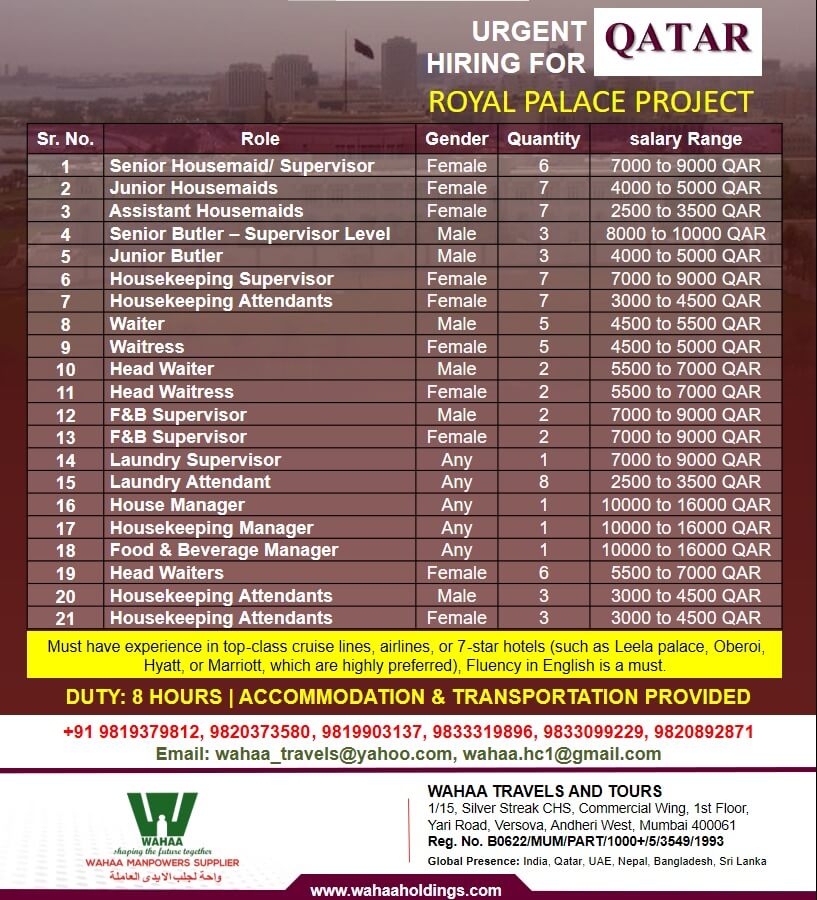 Urgent Hiring for Royal Palace Project - Qatar Urgent Hiring for Royal Palace Project - Qatar