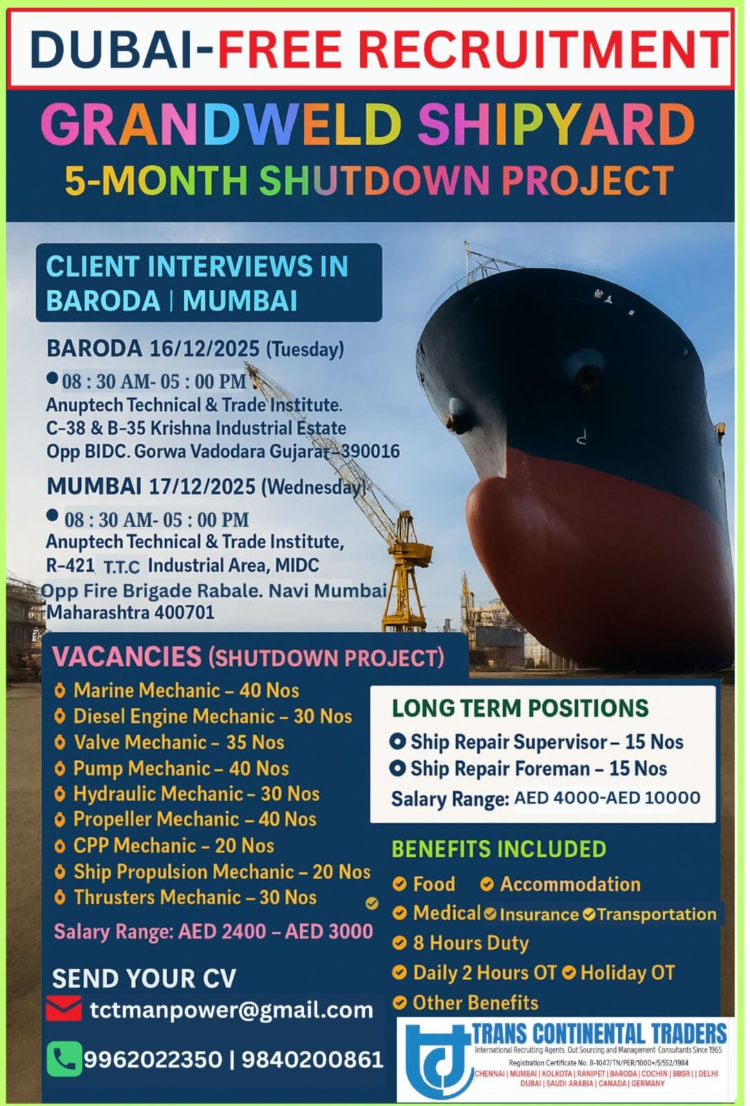 GRANDWELD SHIPYARD HIRING IN BARODA | MUMBAI-FREE RECRUITMENT GRANDWELD SHIPYARD HIRING IN BARODA | MUMBAI-FREE RECRUITMENT
