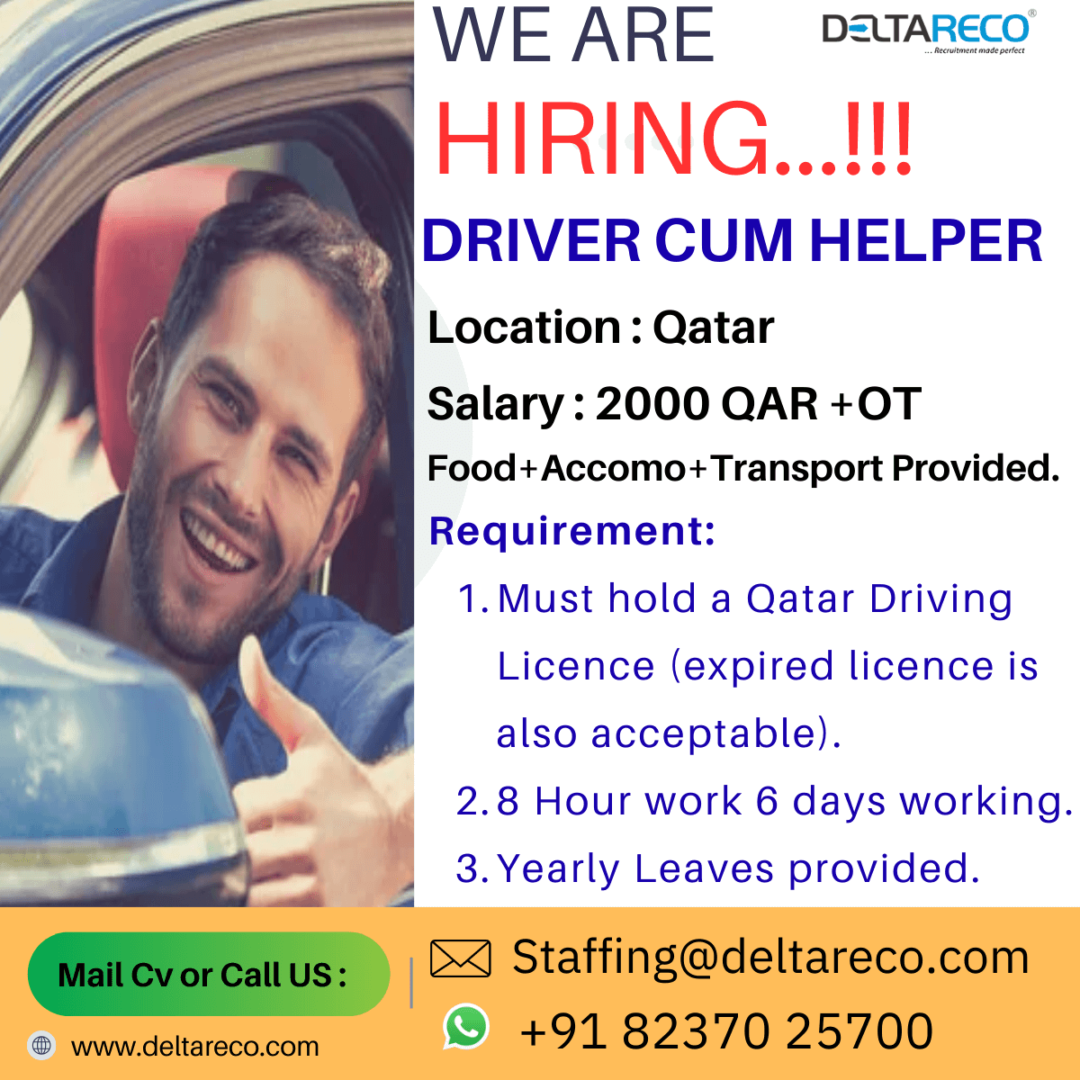 Hiring Driver Cum Helper for Qatar with 2000 QAR Hiring Driver Cum Helper for Qatar with 2000 QAR