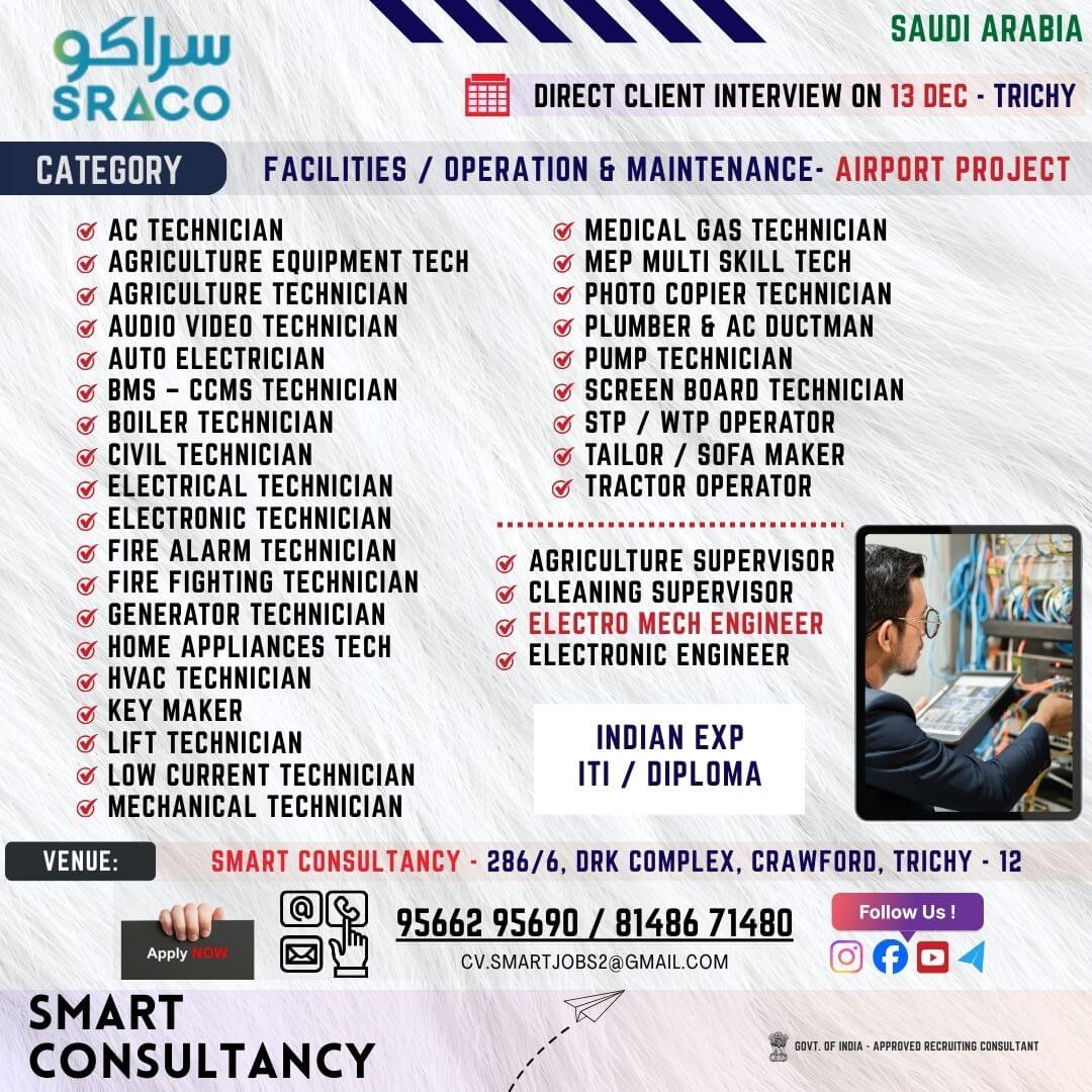 WANTED FOR A LEADING MAINTENANCE COMPANY - AIRPORT PROJECT (SAUDI) - DIRECT CLIENT INTERVIEW ON 13 DECEMBER - TRICHY