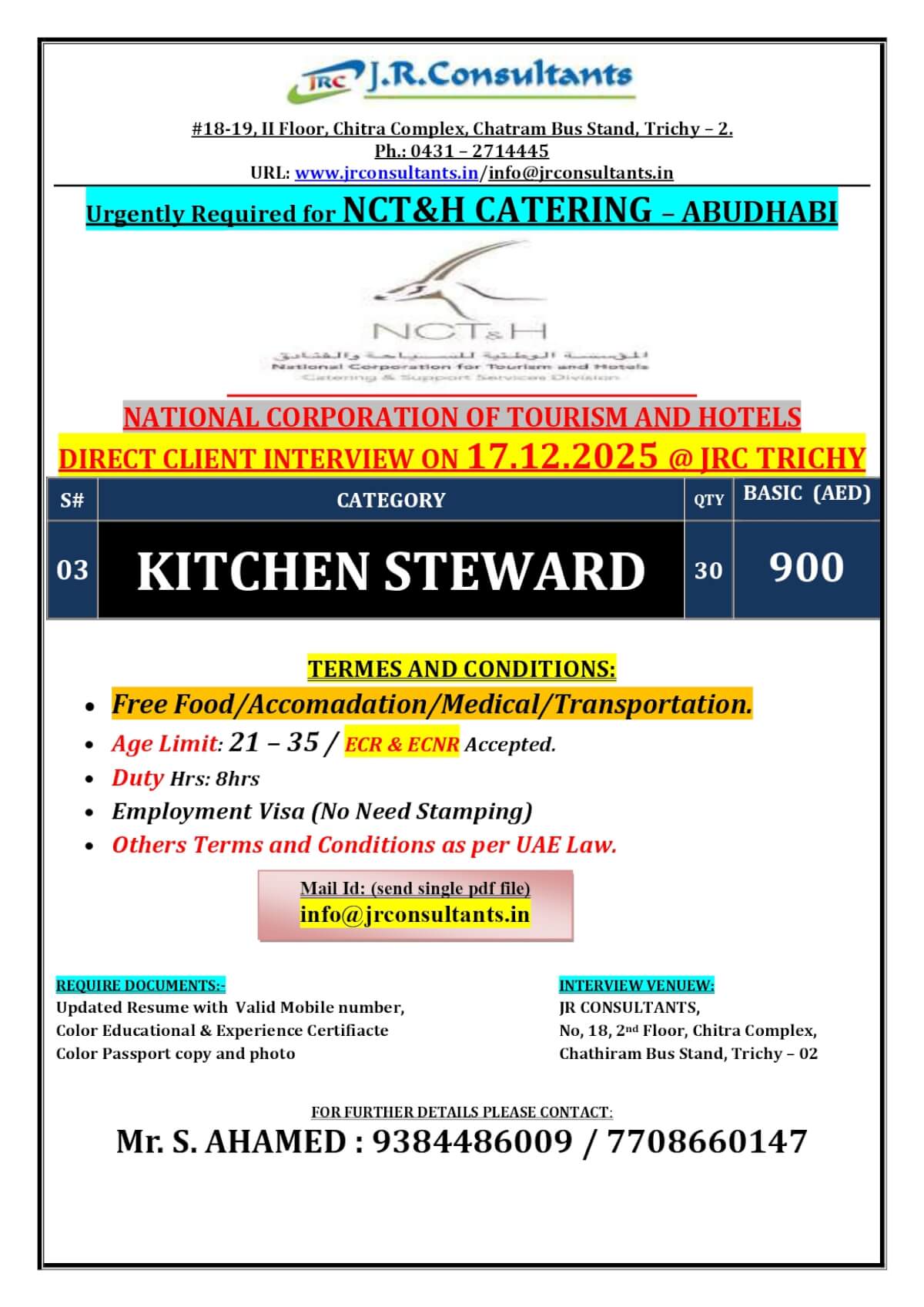 URGENTLY REQUIRED FOR A LEADING NCT &H CATERING COMPANY IN ABU DHABI DIRECT CLIENT INTERVIEW ON 17.12.2025 @ JRC TRICHY URGENTLY REQUIRED FOR A LEADING NCT &H CATERING COMPANY IN ABU DHABI DIRECT CLIENT INTERVIEW ON 17.12.2025 @ JRC TRICHY