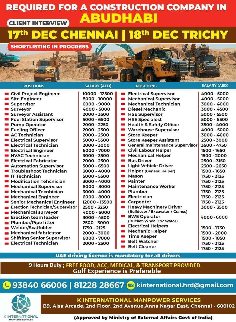 URGENTLY RQUIRED FOR ABU DHABI