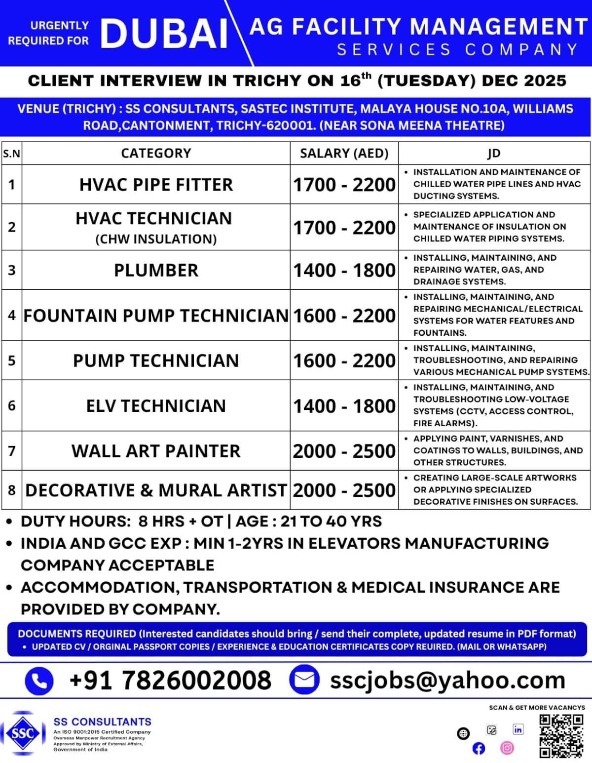 Urgent Dubai Facility Management Jobs - Client Interview in Trichy on 16 Dec 2025 Urgent Dubai Facility Management Jobs - Client Interview in Trichy on 16 Dec 2025