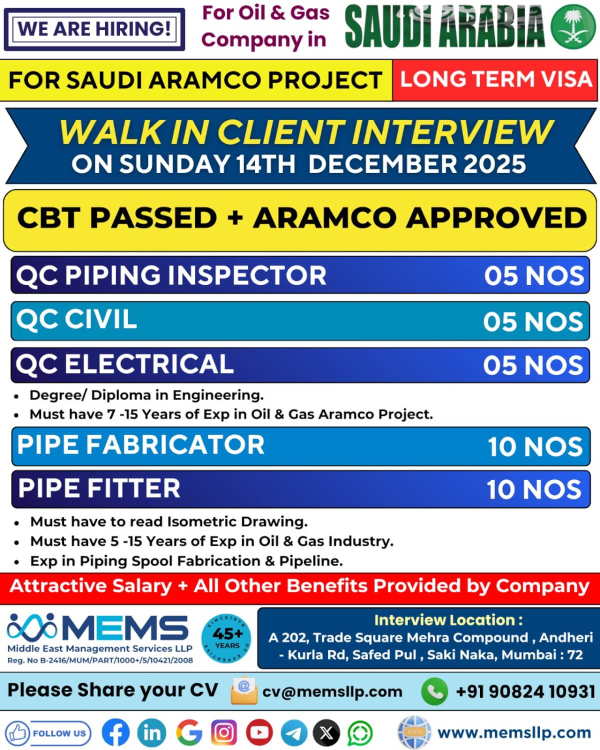 We Are Hiring for Saudi ARAMCO Project – Long Term Visa We Are Hiring for Saudi ARAMCO Project – Long Term Visa