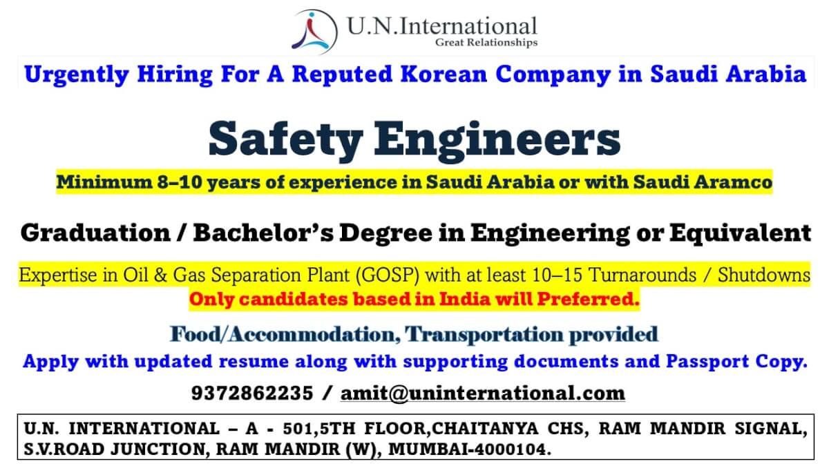 Immediately Hiring Now Safety Engineers for Saudi Arabia Location Immediately Hiring Now Safety Engineers for Saudi Arabia Location