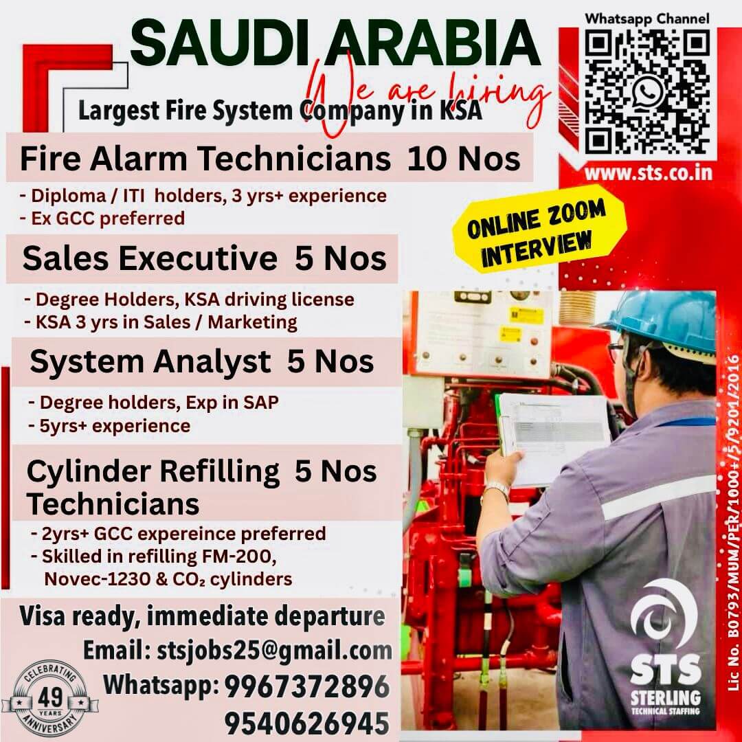 FIRE ALARM TECHNICIAN / SALES EXECUTIVE / SYSTEM ANALYST / CYLINDER REFILLING TECHNICIAN FIRE ALARM TECHNICIAN / SALES EXECUTIVE / SYSTEM ANALYST / CYLINDER REFILLING TECHNICIAN