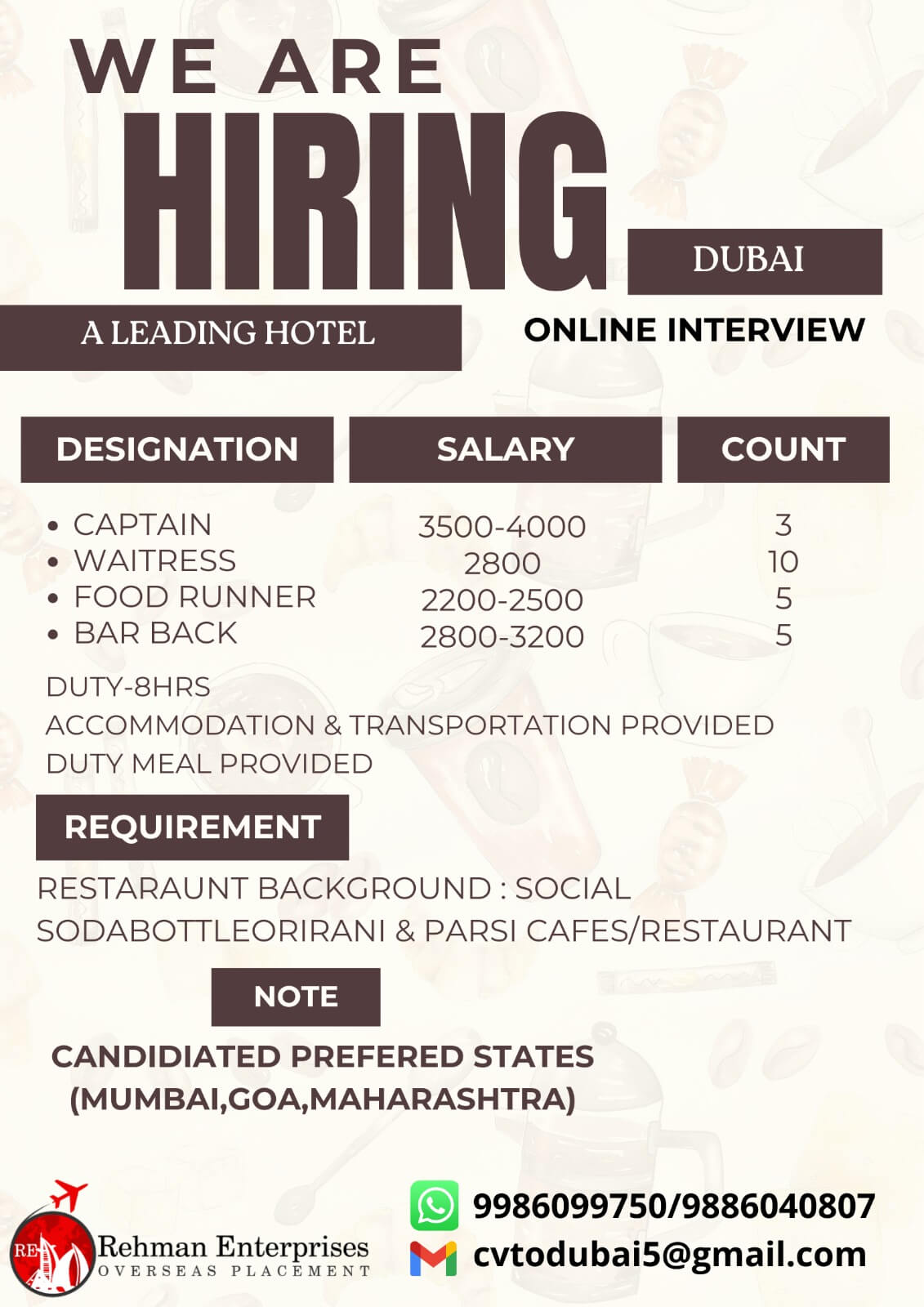 HIRING FOR A LEADING HOTEL IN DUBAI-ONLINE INTERVIEW HIRING FOR A LEADING HOTEL IN DUBAI-ONLINE INTERVIEW