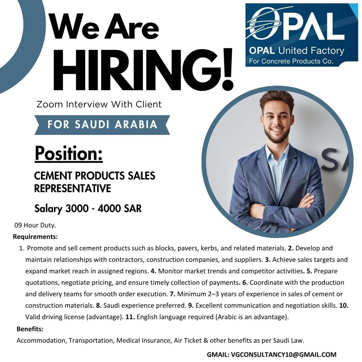 urgent requirement for saudi Arabia cement Products Sales Representative urgent requirement for saudi Arabia cement Products Sales Representative