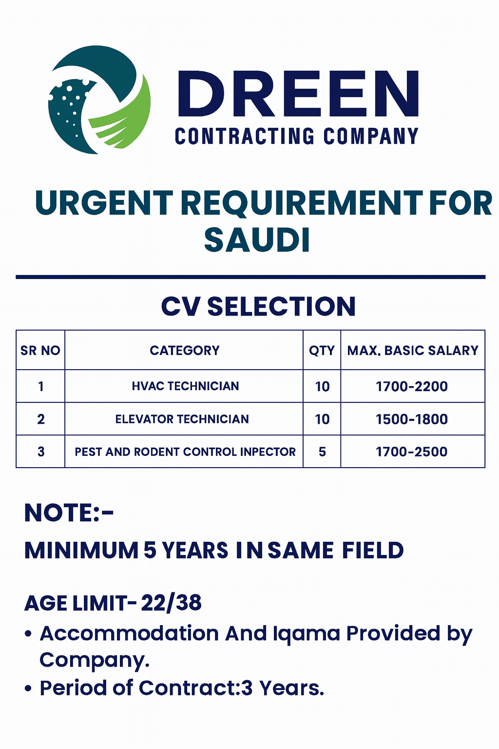 URGENT REQUIREMENT FOR SAUDI ARABIA - DREEN CONTRACTING COMPANY URGENT REQUIREMENT FOR SAUDI ARABIA - DREEN CONTRACTING COMPANY
