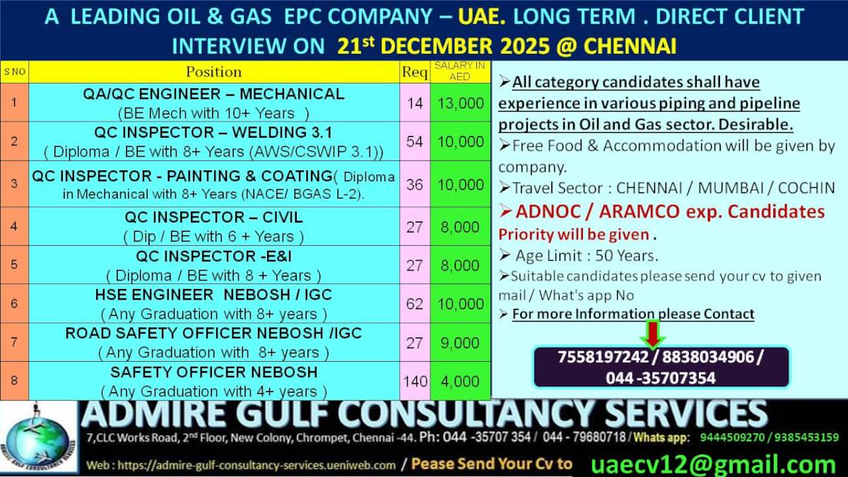 A  LEADING OILO & GAS COMPANY -UAE . LONG TERM . DIRECT CLIENT INTERVIEW ON 21st DECEMBER 2025 @ CHENNAI