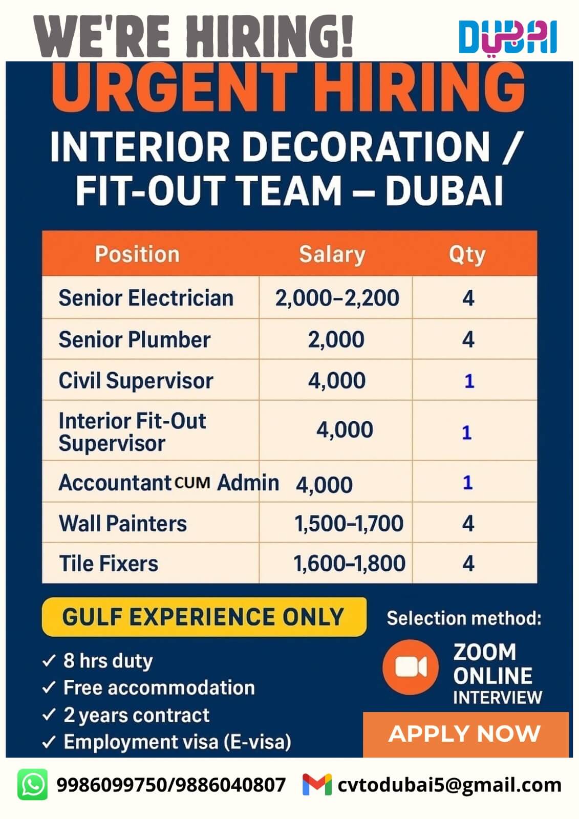 URGENT HIRING FOR INTERIOR DECORATION/FIT-OUT TEAM-DUBAI URGENT HIRING FOR INTERIOR DECORATION/FIT-OUT TEAM-DUBAI