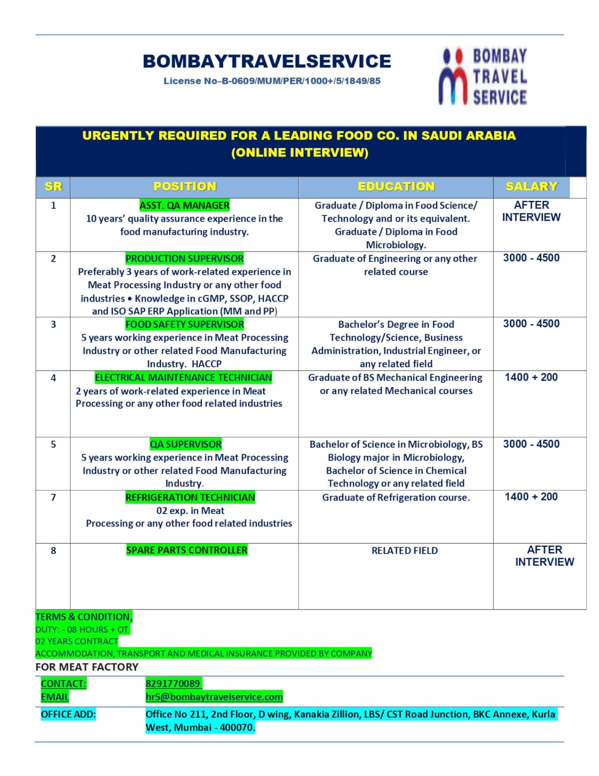 URGENTLY HIRING FOOD CO. SAUDI ARABIA