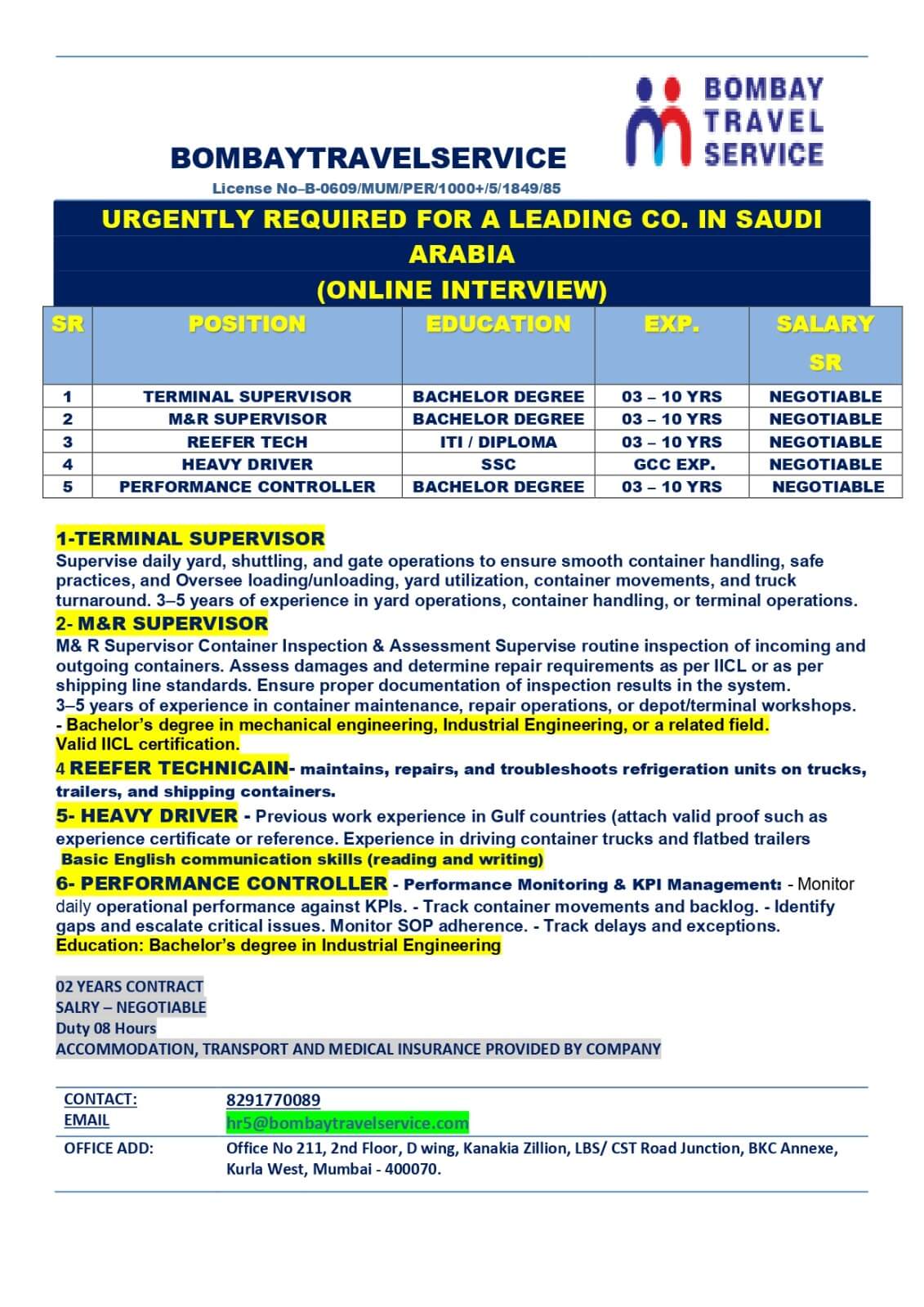 URGENTLY HIIRNG LOGISTIC CO. SAUDI ARABIA