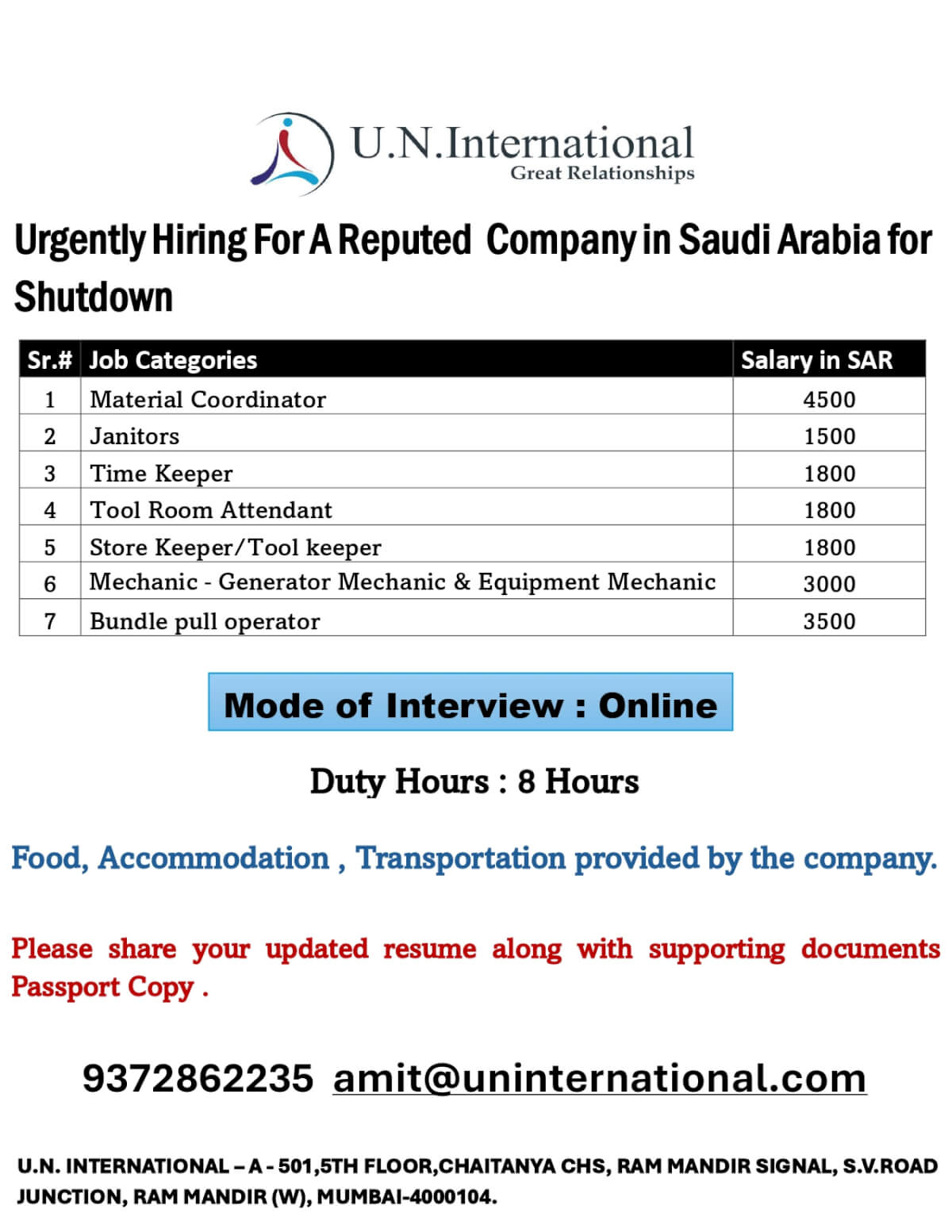 Multiple Job Opportunities for Shutdown in Saudi Arabia