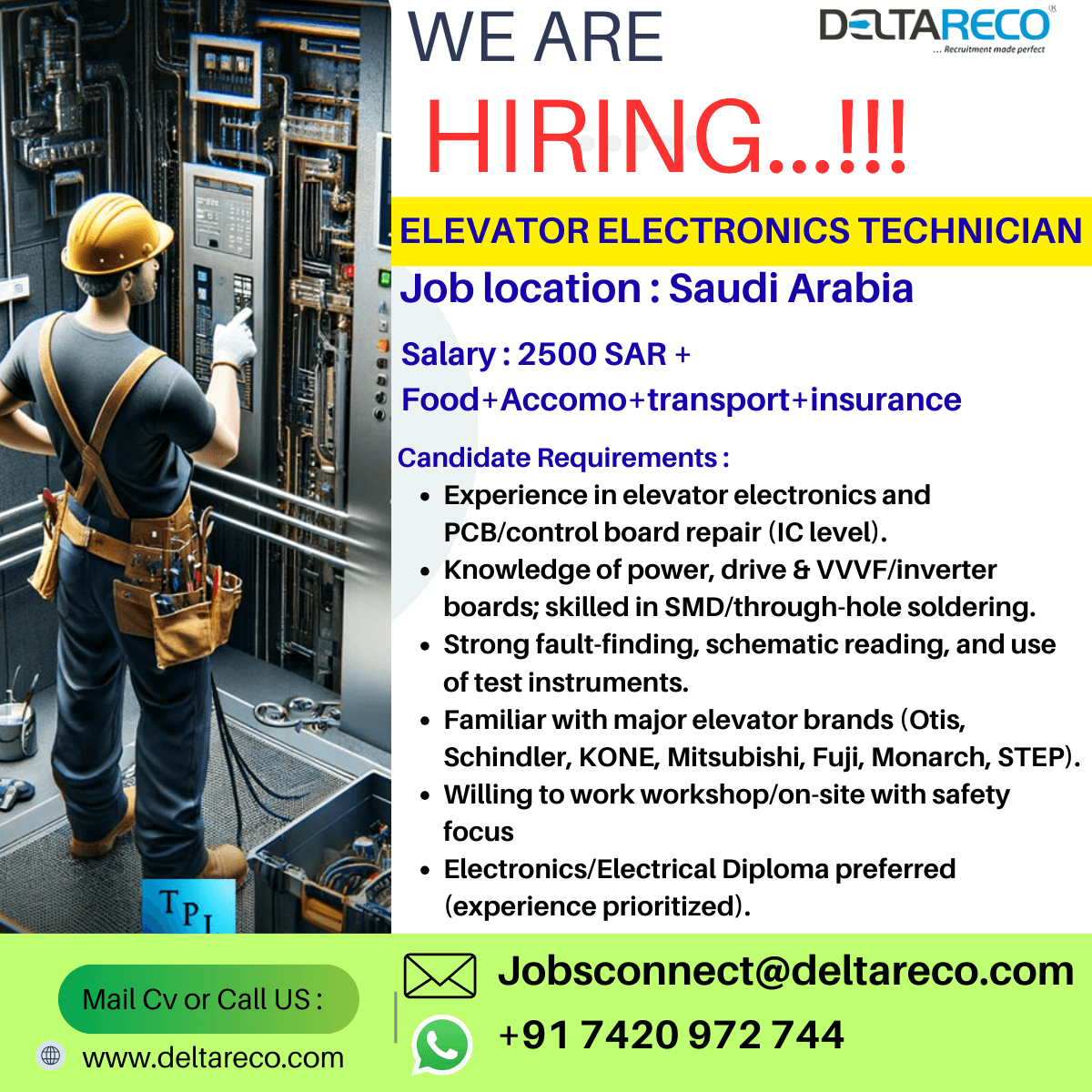 Hiring Elevator Electrical Technician for Saudi Arabia