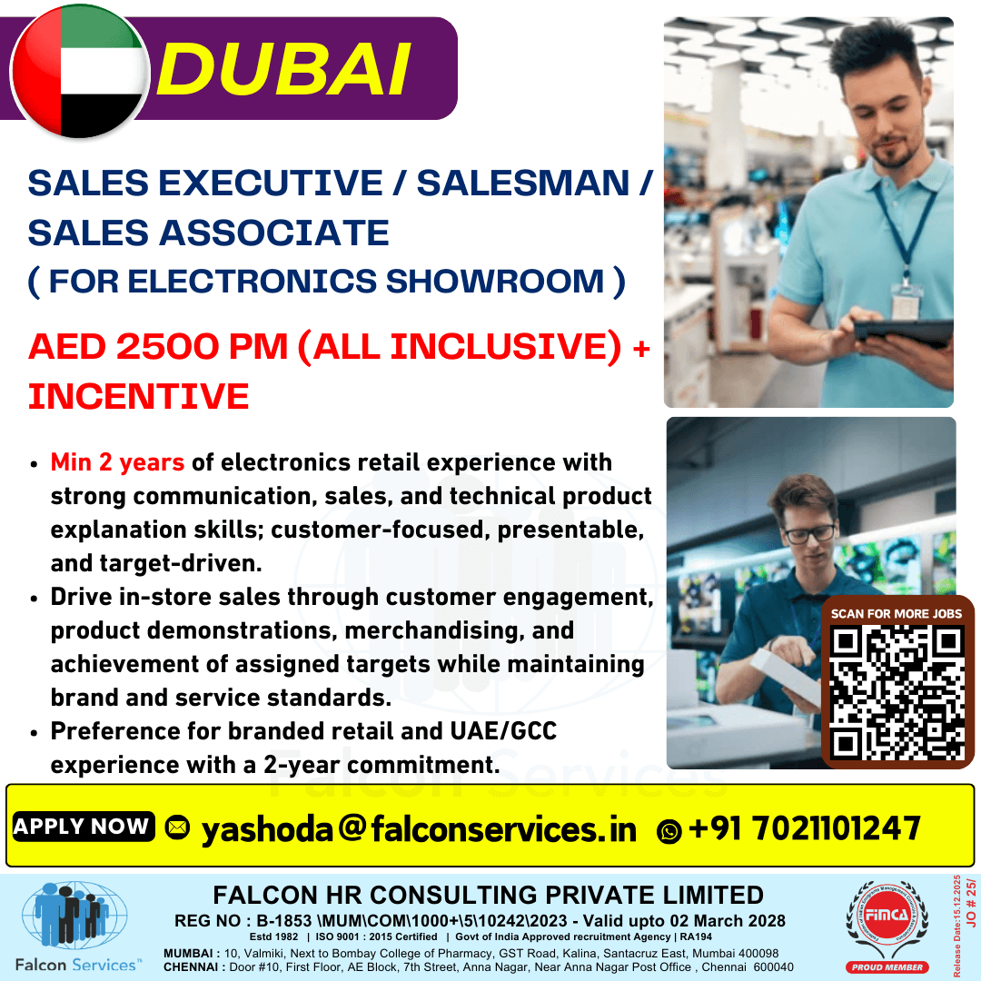 DUBAI HIRING | Electronics Showroom ,Position: Sales Executive / Salesman / Sales Associate DUBAI HIRING | Electronics Showroom ,Position: Sales Executive / Salesman / Sales Associate