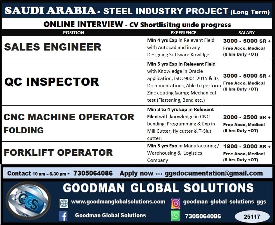SAUDI ARABIA - STEEL INDUSTRY PROJECT ( LONG TERM ) ONLINE INTERVIEW -CV Shortlisting under progress Candidate should have min 3 - 5 years in Relevant Field SAUDI ARABIA - STEEL INDUSTRY PROJECT ( LONG TERM ) ONLINE INTERVIEW -CV Shortlisting under progress Candidate should have min 3 - 5 years in Relevant Field