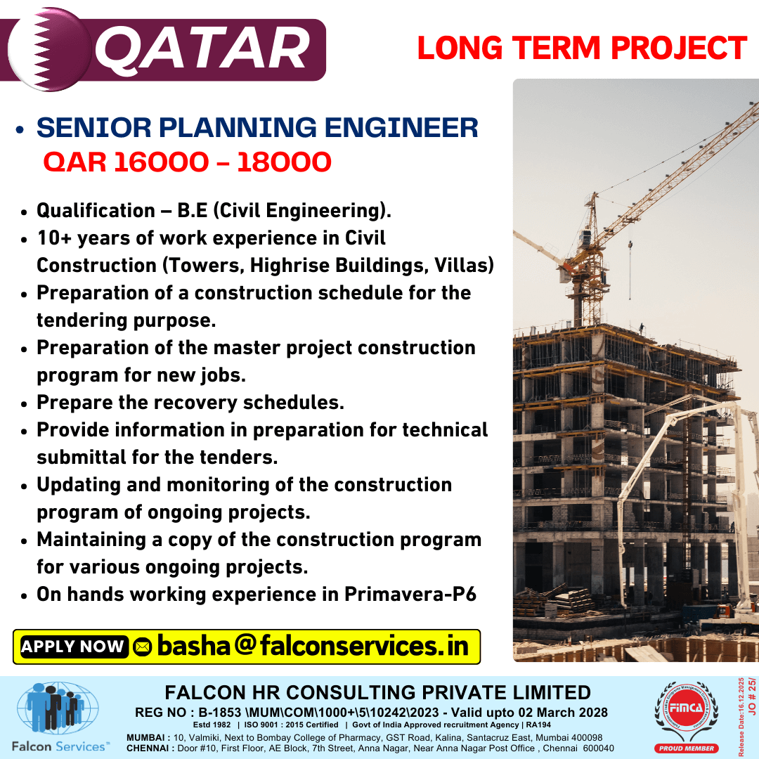 ?? QATAR HIRING | Long-Term Project ???? Position: Senior Planning Engineer ? Salary: QAR 16,000 – 18,000 ?? QATAR HIRING | Long-Term Project ???? Position: Senior Planning Engineer ? Salary: QAR 16,000 – 18,000