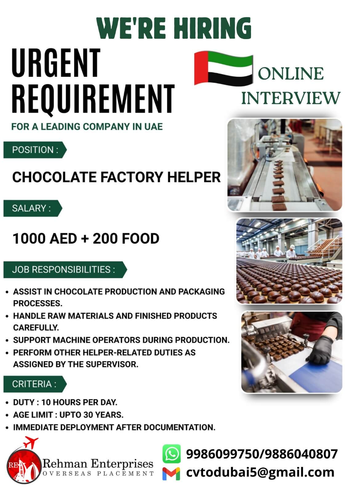 URGENT REQUIREMENT FOR A LEADING COMPANY IN UAE - CHOCOLATE FACTORY HELPER URGENT REQUIREMENT FOR A LEADING COMPANY IN UAE - CHOCOLATE FACTORY HELPER