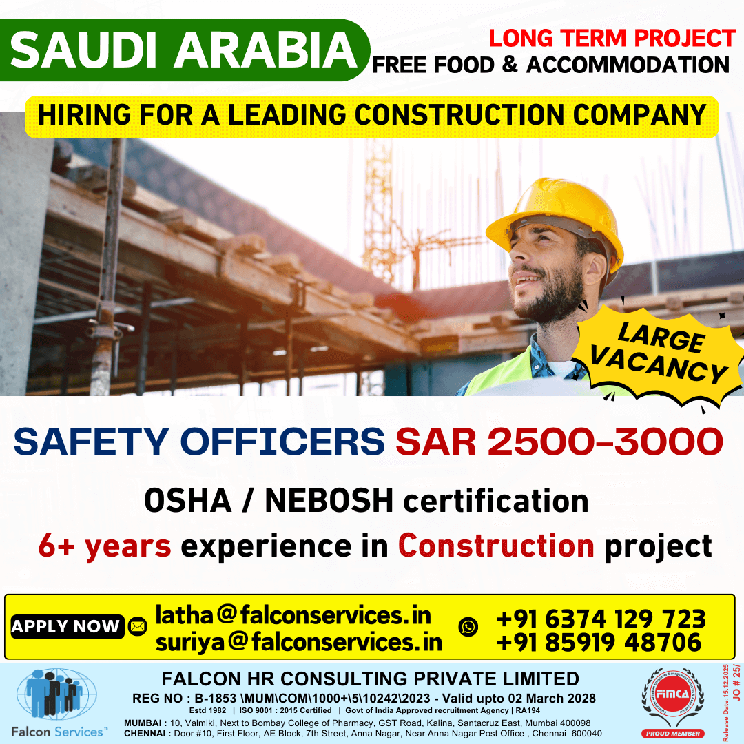 ?? SAUDI ARABIA – LONG-TERM HIRING! ? Safety Officer ? SAR 2500–3000 | ?? Free Food & ? Stay