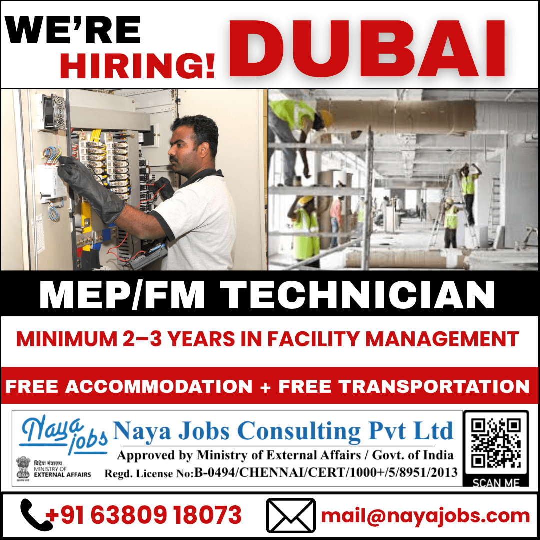 URGENT REQUIREMENT FOR  DUBAI MEP TECHNICIAN