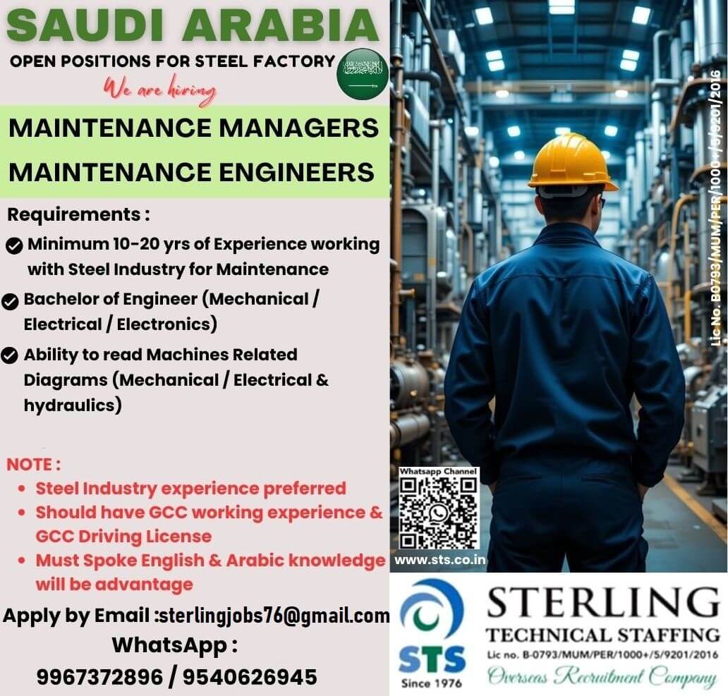 Required for Leading Steel Factory in Saudi Arabia