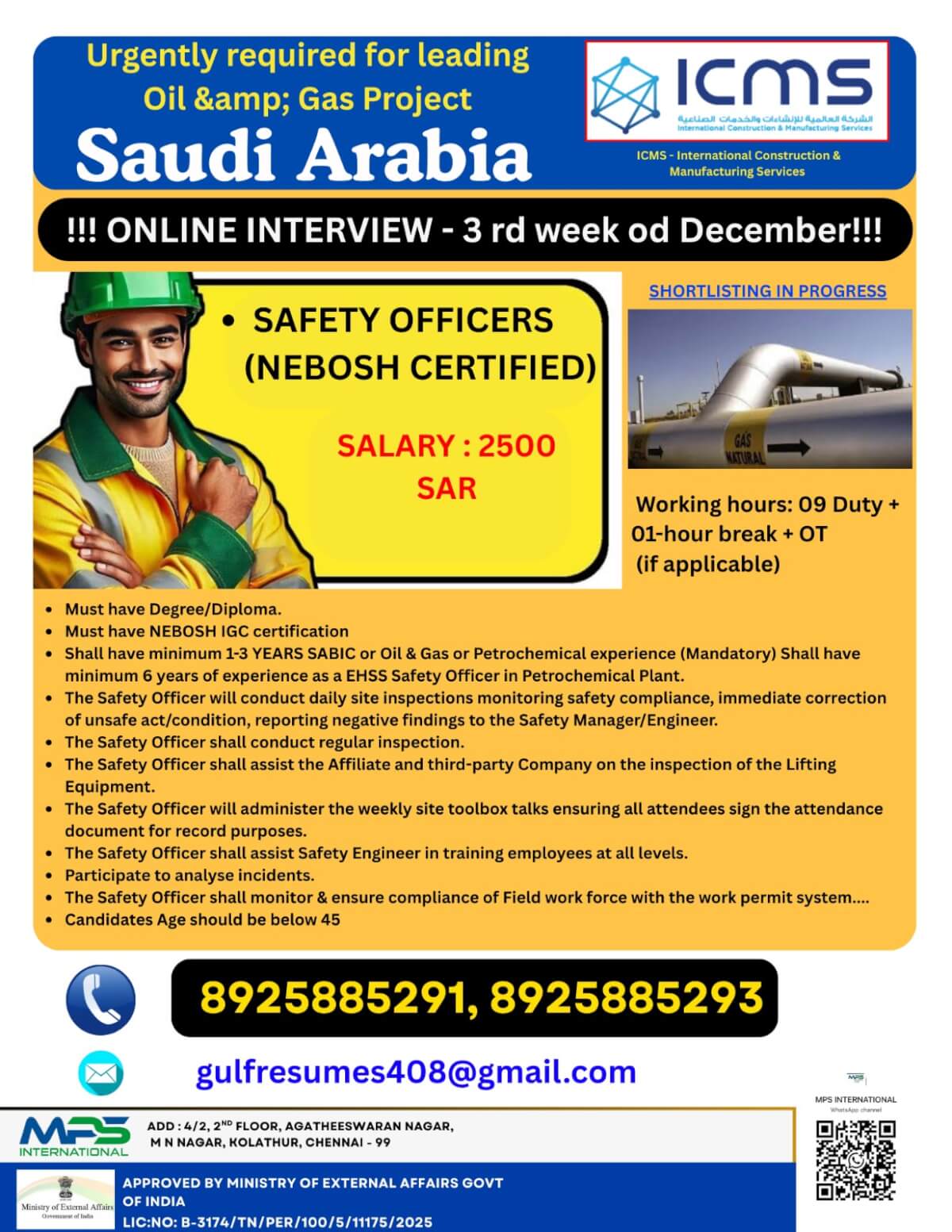 Urgently Required for Leading Oil & Gas Project Saudi Arabia  ICMS – International Construction & Manufacturing Services