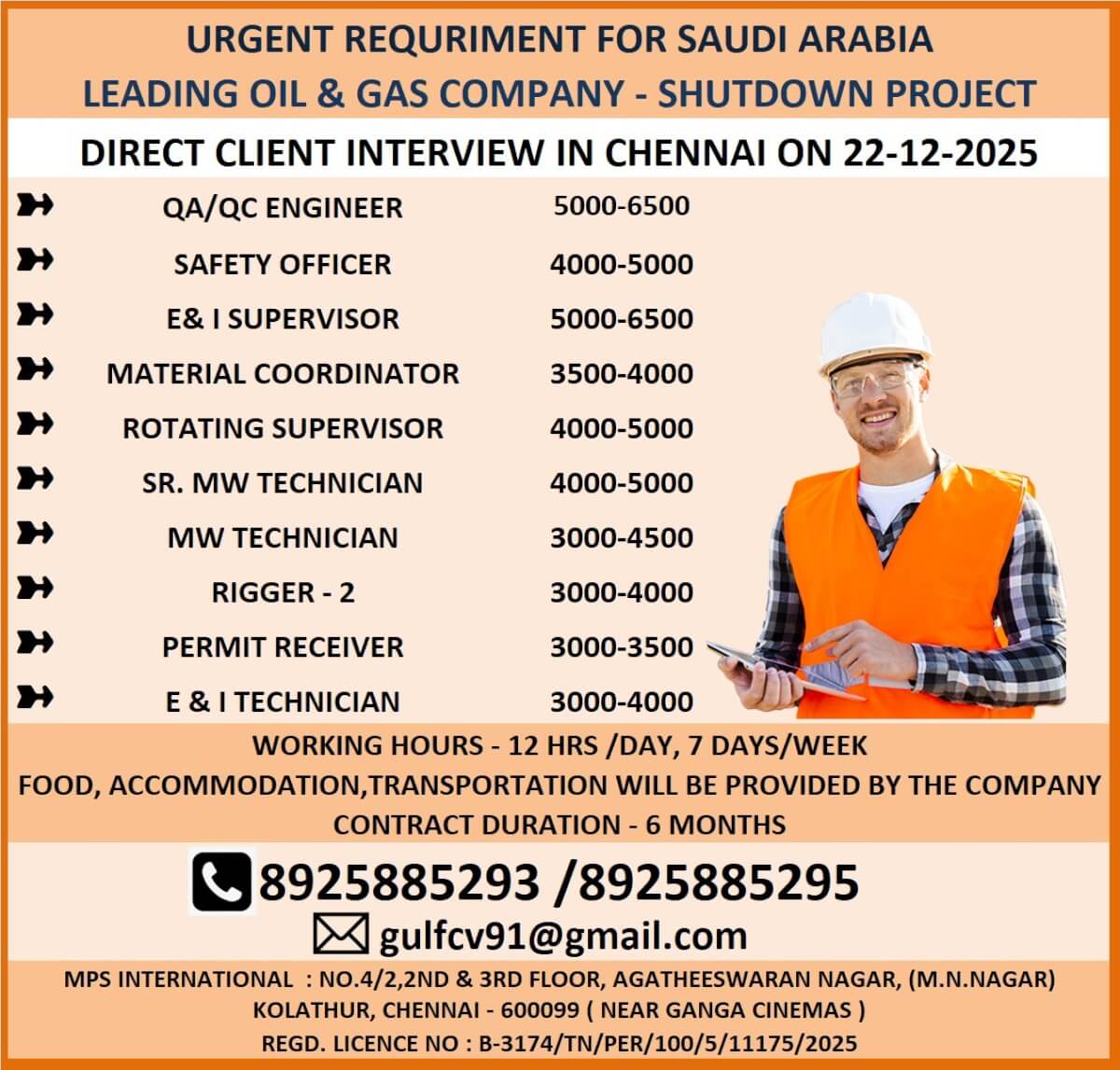 URGENT REQUIREMENT FOR SAUDI ARABIA LEADING OIL & GAS COMPANY – SHUTDOWN PROJECT DIRECT CLIENT INTERVIEW IN CHENNAI ON 22-12-2025