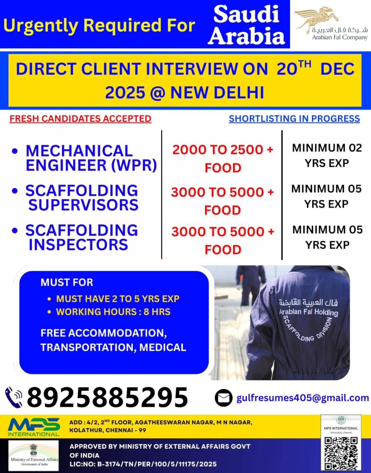 Urgently Required For – Saudi Arabia DIRECT CLIENT INTERVIEW ON 20.12.2025 @ NEW DELHI