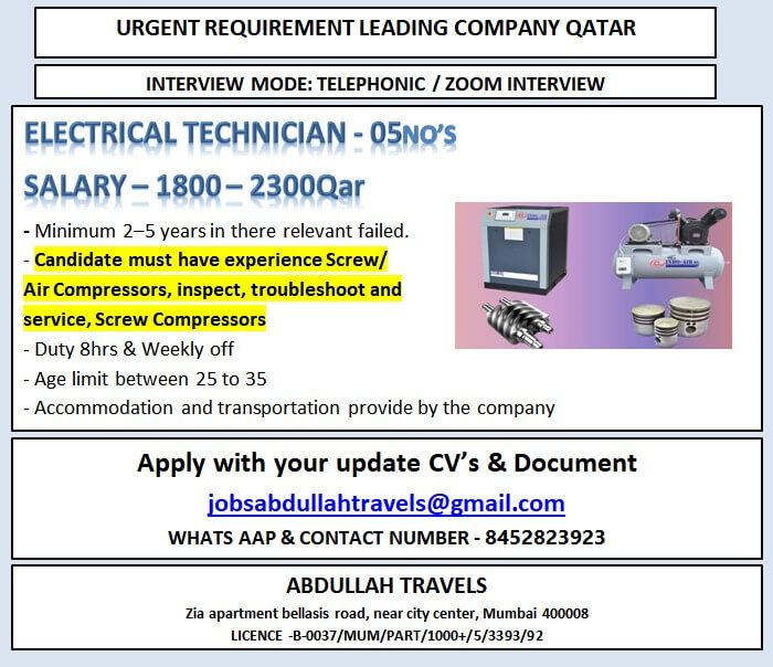 URGENT REQUIREMENT LEADING COMPANY QATAR URGENT REQUIREMENT LEADING COMPANY QATAR