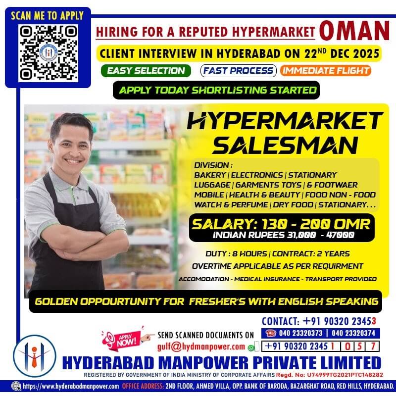 Urgent Hiring SalesMan for Reputed Hypermarket – OMAN