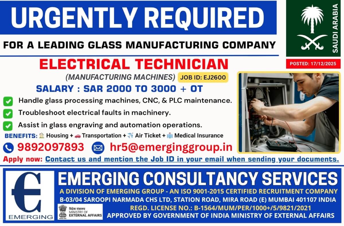 Electrical Technicians Required for Saudi Arabia Electrical Technicians Required for Saudi Arabia