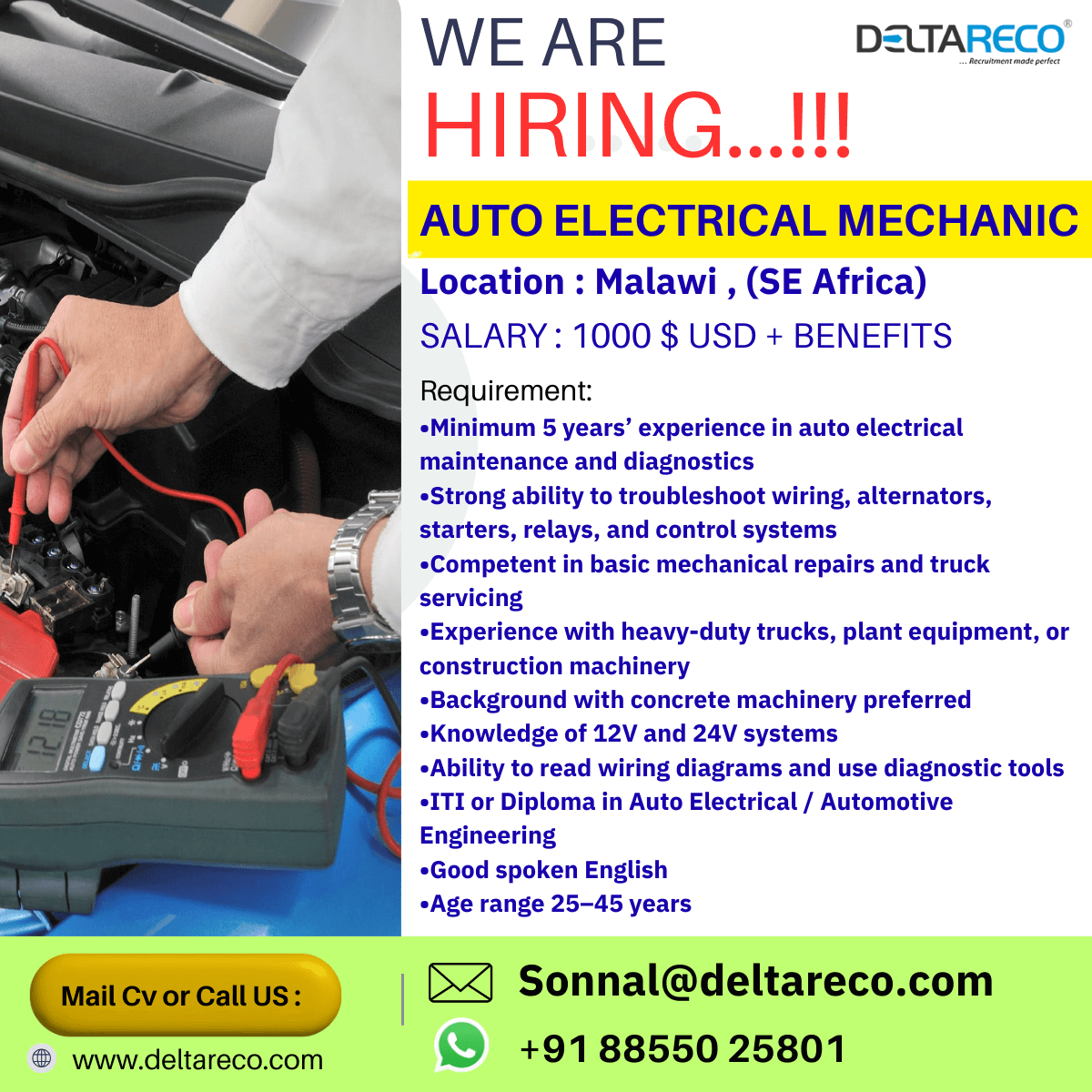 Hiring Auto Electrical Technician for  South Africa