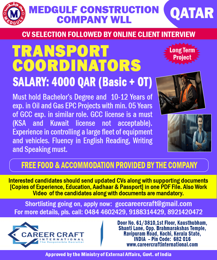 Urgent requirement of manpower for Medgulf, Qatar -