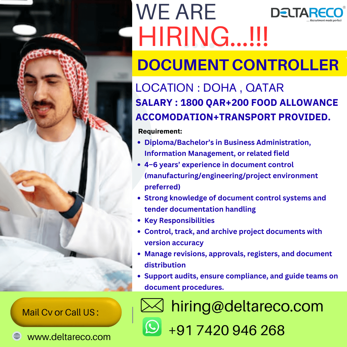 Hiring Document Controller Muslim Canditate for QATAR Hiring Document Controller Muslim Canditate for QATAR