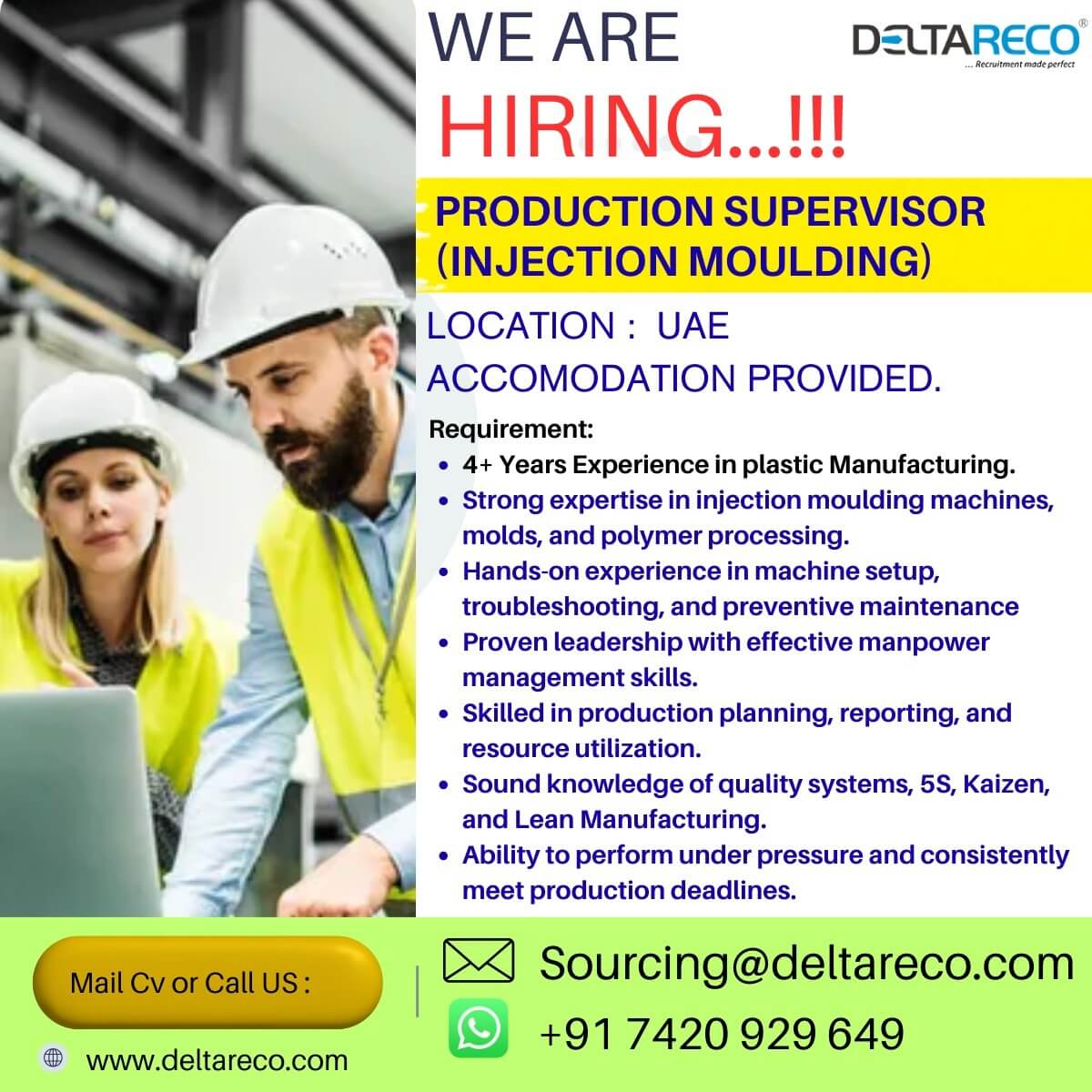 Hiring  Production Supervisor for an Injection Moulding in Dubai UAE