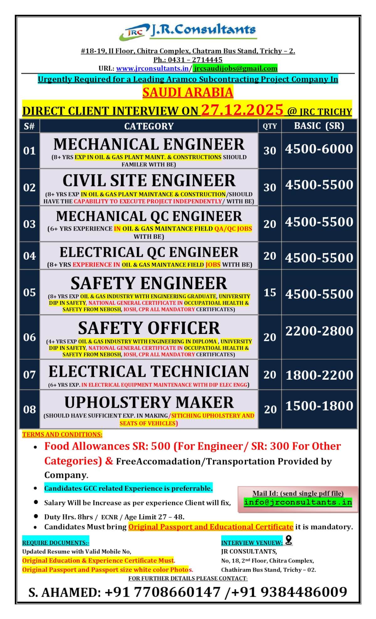 URGENTLY REQUIRED FOR A LEADING ARAMCO SUBCONTRACTING PROJECT COMPANY IN SAUDI ARABIA DIRECT CLIENT INTERVIEW ON 27.12.2025 @ JRC TRICHY