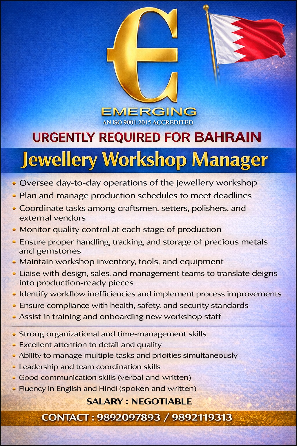 URGENTLY REQUIRED FOR BAHRAIN