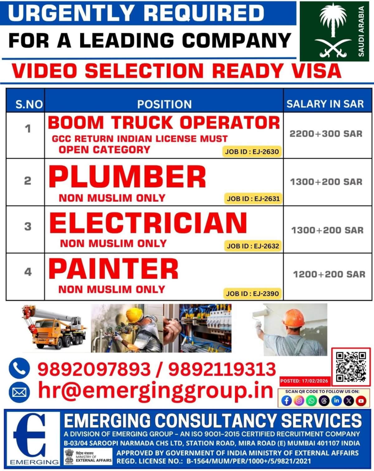 URGENTLY REQUIRED FOR SAUDI ARABIA