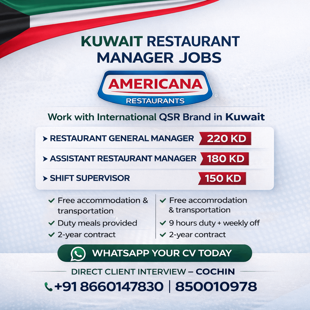 Urgent Hiring Restaurant Managers for Kuwait – Direct Client Interview
