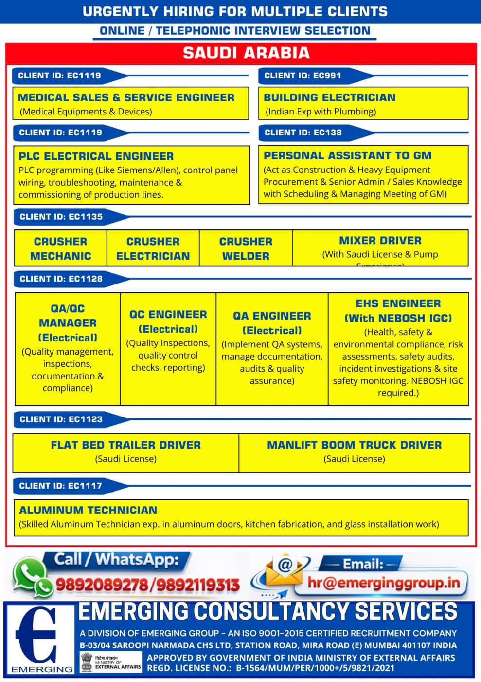 Urgent Hiring for Saudi Arabia – Online / Telephonic Interview.