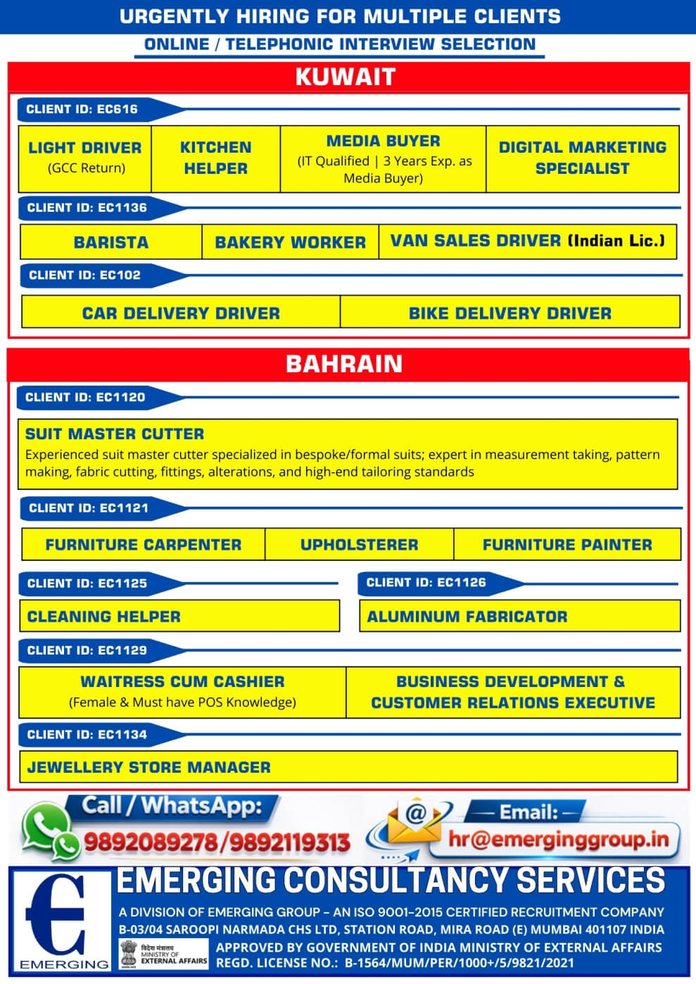 Urgent Hiring for Kuwait & Bahrain | Online / Telephonic Interview | Immediate Selection