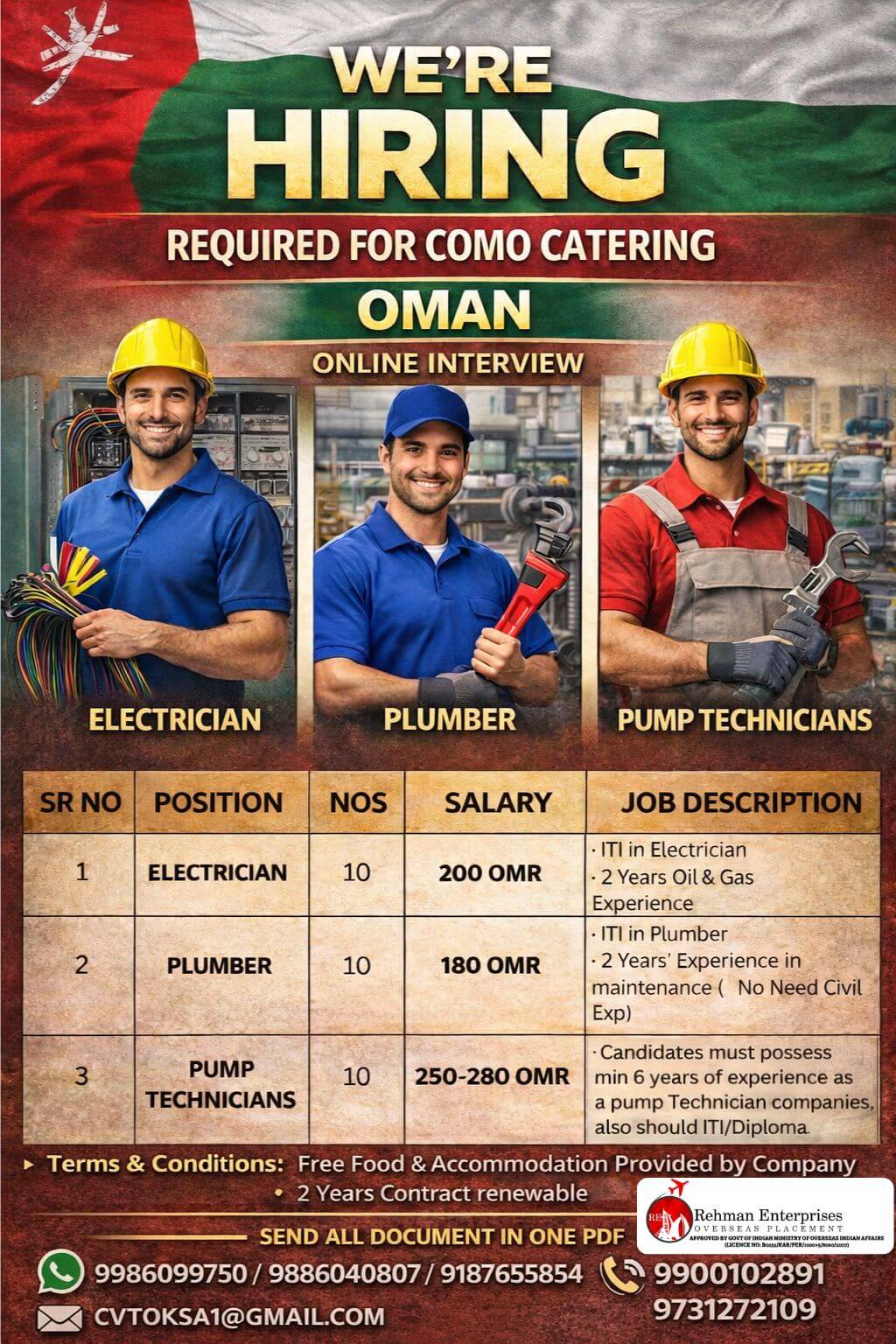 REQUIRED FOR KOMO CATERING IN OMAN