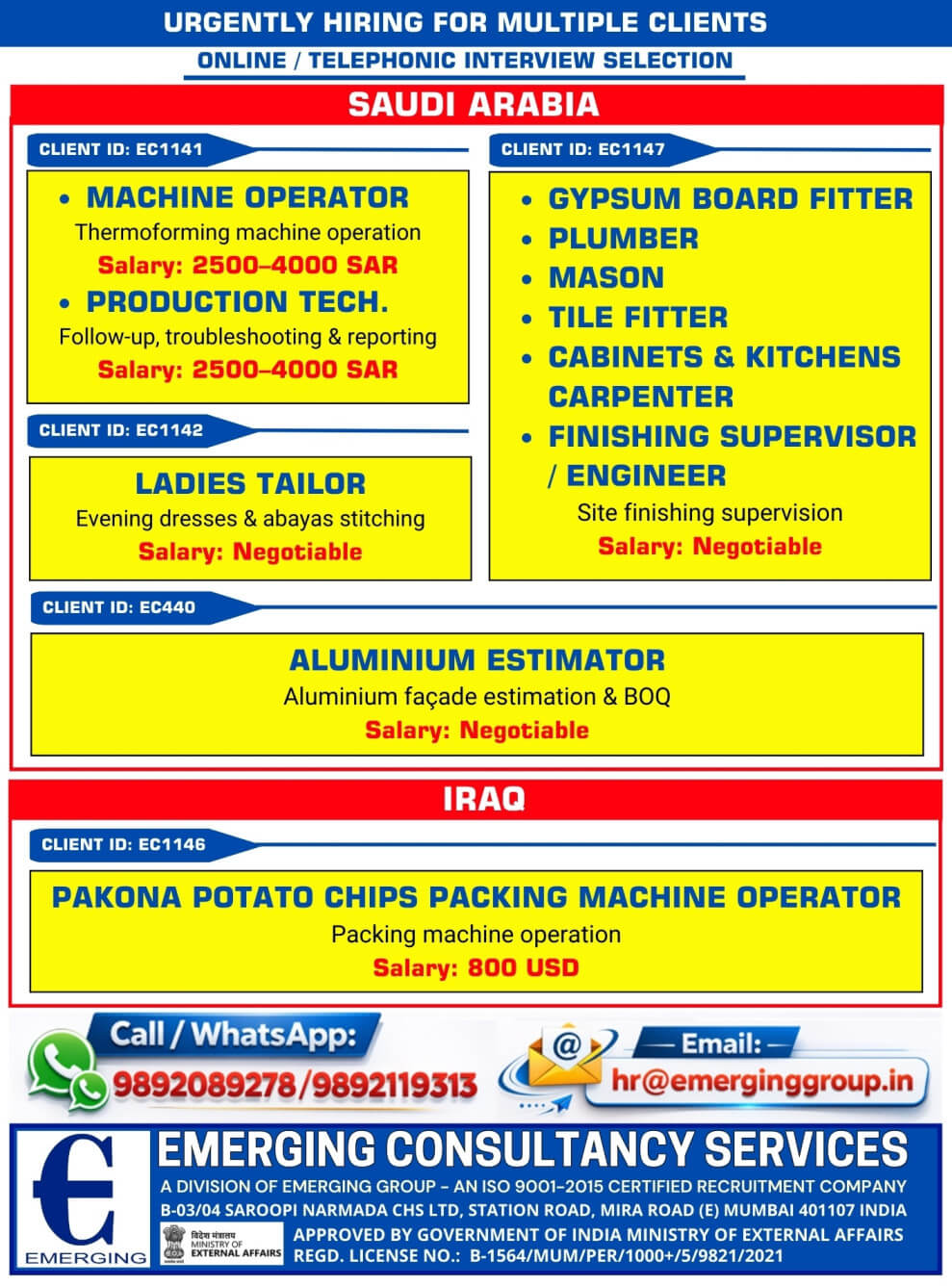 Urgent Hiring for Saudi Arabia & Iraq | Online / Telephonic Interview | Immediate Selection