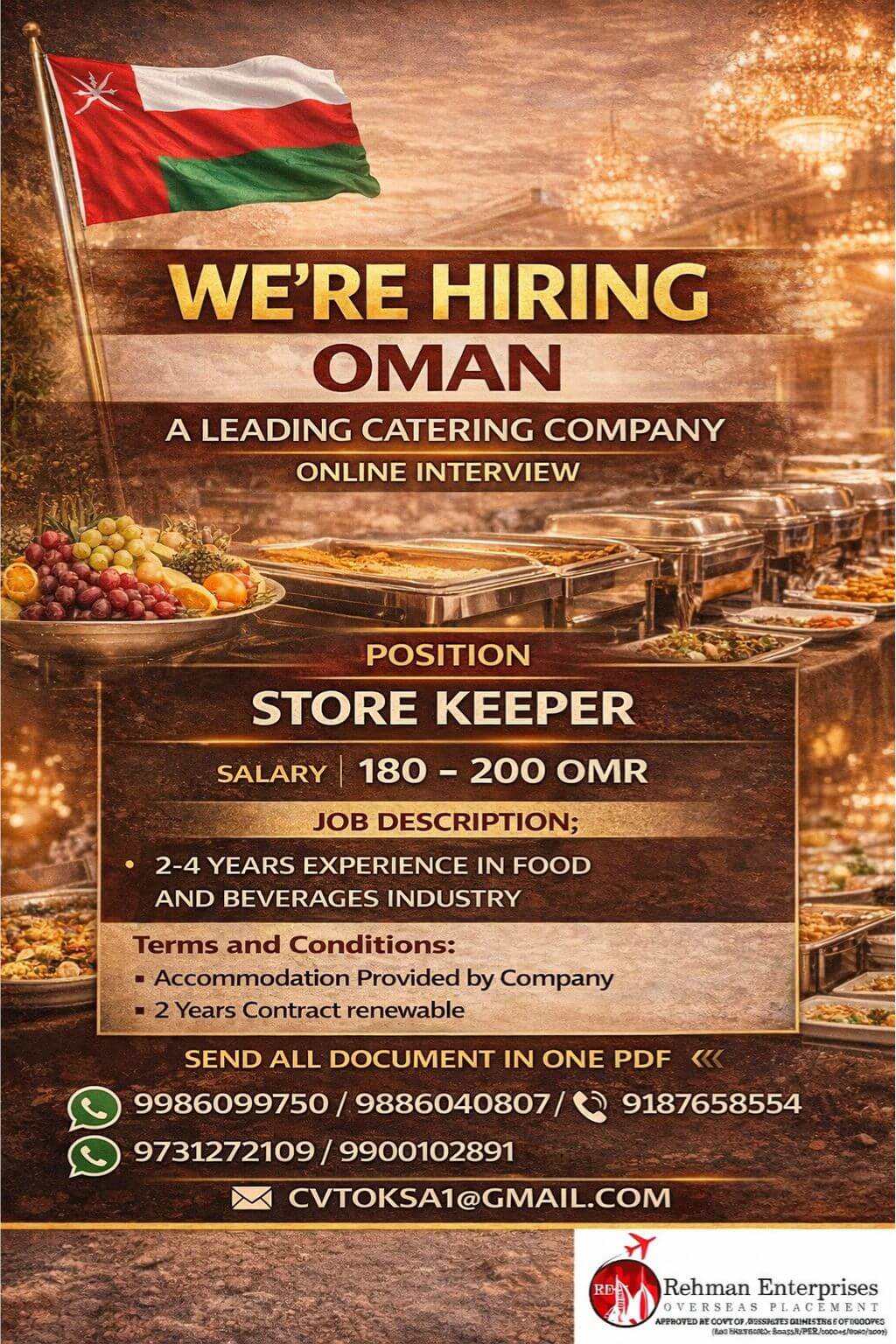 HIRING FOR A LEADING CATERING COMPANY IN OMAN