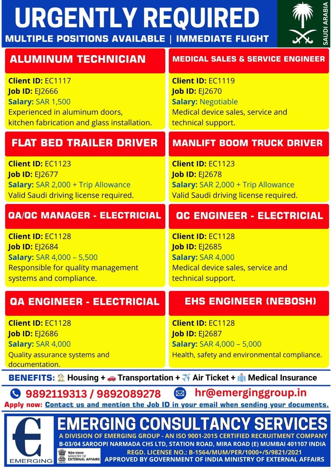 Urgently Required for Saudi Arabia | Multiple Positions | Immediate Flight Urgently Required for Saudi Arabia | Multiple Positions | Immediate Flight