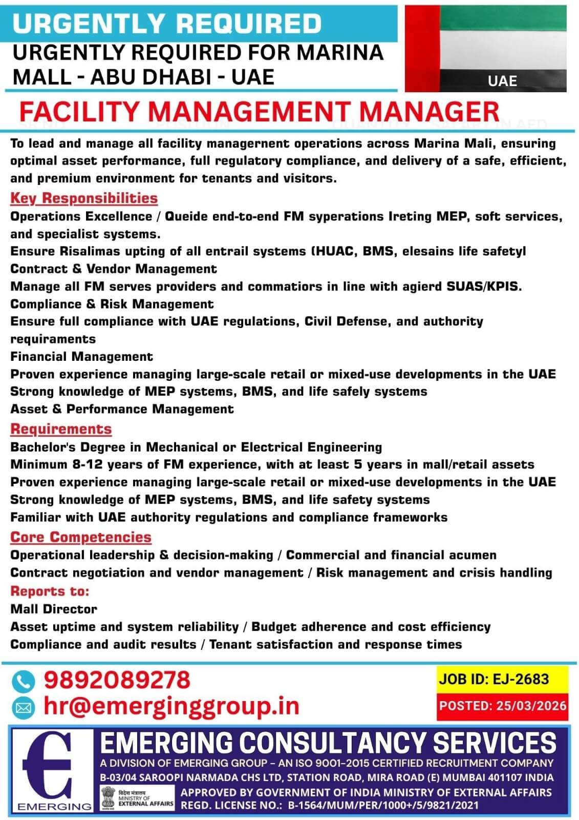 Urgently Required for Dubai | Facility Mangement Manager| Immediate Flight